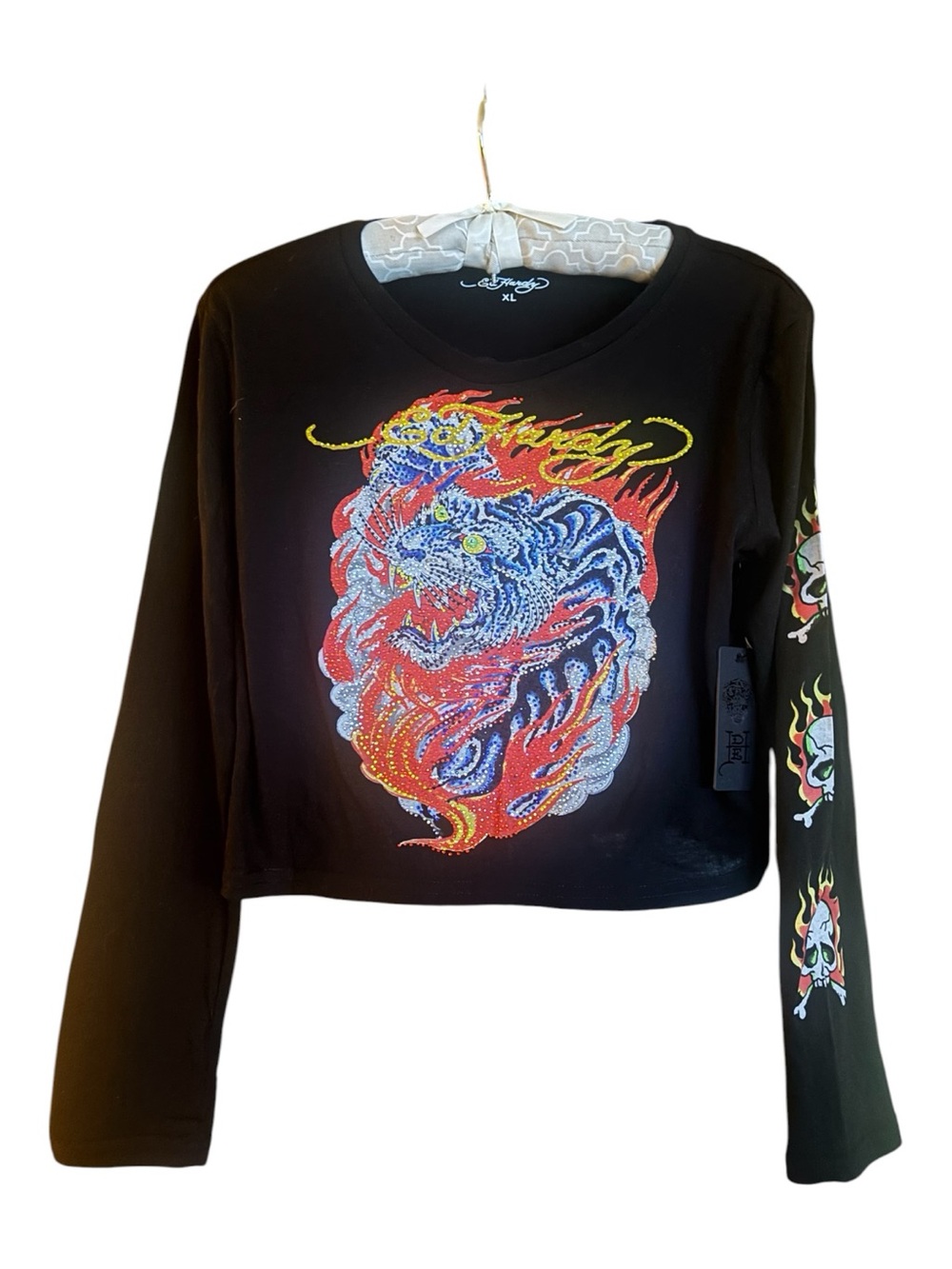 Ed Hardy Black Cropped Long-Sleeve Top with Flame Lion Graphic Size XL NWT